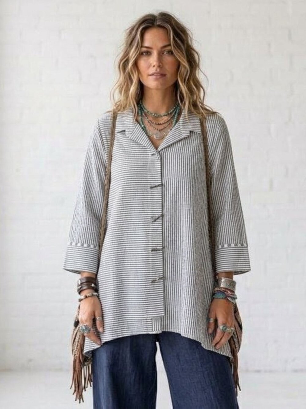 Habitat Womens Boho Striped Shirt Tunic Art Button Cotton Blend Sz XL White/Gray